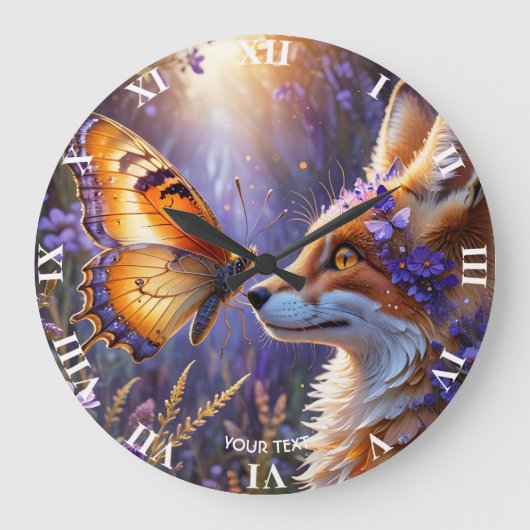 Fantasy Schattige Butterfly Fox Flowers Grote Klok (Voorkant)