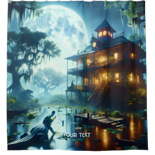 Fantasy Schattige Cabin Lake Crocodile Douchegordijn (Voorkant)