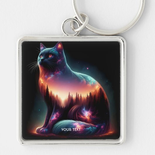 Fantasy Schattige Cat Double Exposition Sleutelhanger (Voorkant)