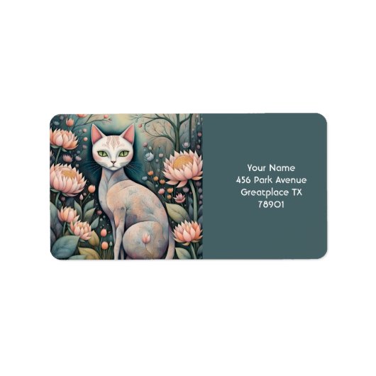 Fantasy Schattige Cat Flowers Forest Etiket (Voorkant)