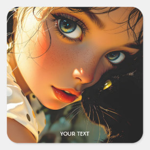 Fantasy Schattige Cat Girl Sproeten Vierkante Sticker