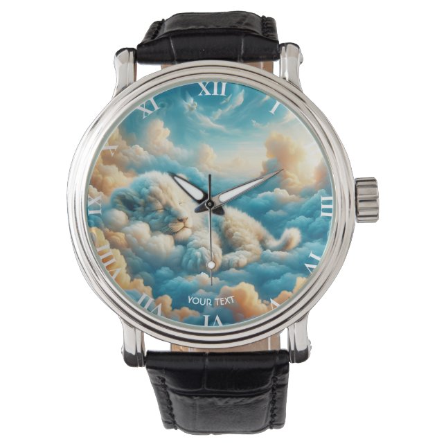 Fantasy Schattige Clouds Baby Lion Horloge (Voorkant)