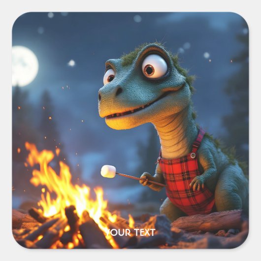 Fantasy Schattige Dino Campfire Moon Vierkante Sticker (Voorkant)