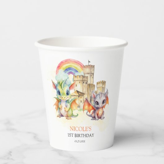Fantasy Schattige Dragon Castle Rainbow Kids Verja Papieren Bekers (Voorkant)