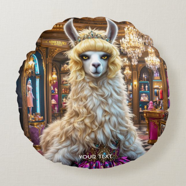 Fantasy Schattige Drama Llama Queen Rond Kussen (Voorkant)