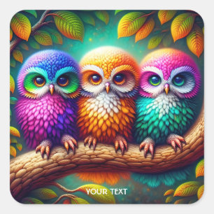 Fantasy Schattige drie levendige uilen Vierkante Sticker