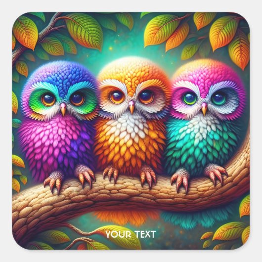 Fantasy Schattige drie levendige uilen Vierkante Sticker (Voorkant)