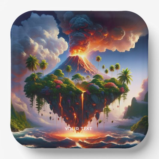 Fantasy Schattige eiland met vulkaan Papieren Bordje (Voorkant)