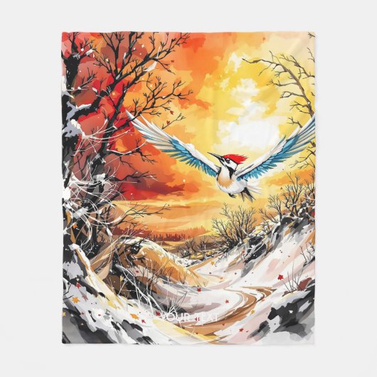 Fantasy Schattige Forest Woodpecker Sunset Fleece Deken (Voorkant)