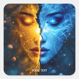 Fantasy Schattige Gezicht Geel Blauw Vierkante Sticker