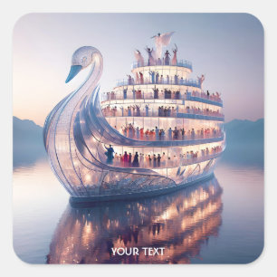 Fantasy Schattige Glass Swan Ship Vierkante Sticker