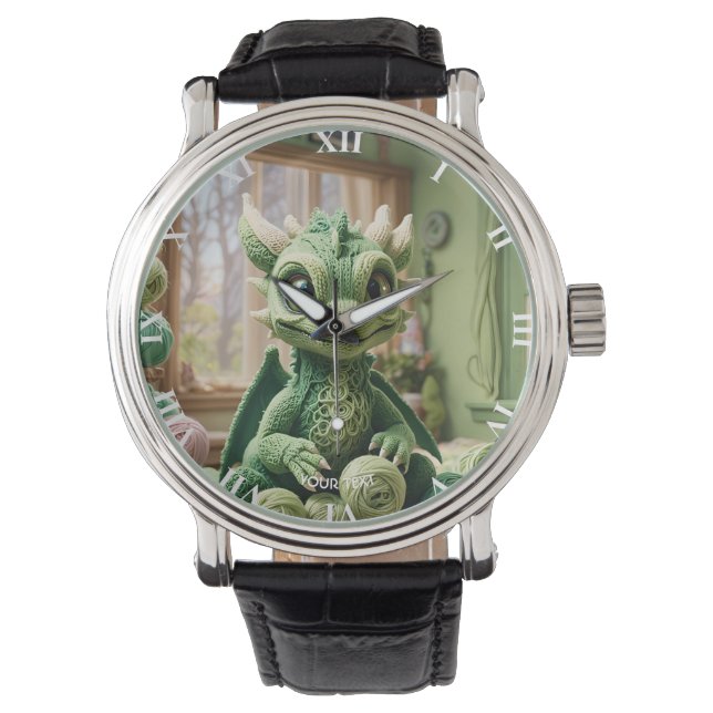 Fantasy Schattige Green Yarn Dragon Horloge (Voorkant)