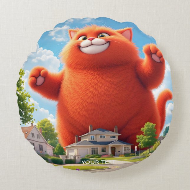 Fantasy Schattige Grote Oranje Kat Rond Kussen (Voorkant)