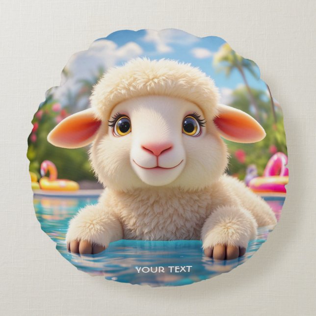 Fantasy Schattige Happy Sheep Pool Rond Kussen (Voorkant)
