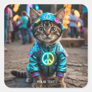 Fantasy Schattige Hippie Cat Festival Vierkante Sticker