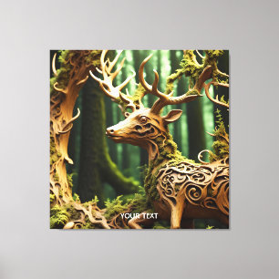 Fantasy Schattige Houten Carving Deer Canvas Afdruk