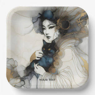 Fantasy Schattige Japans Meisje Cat Papieren Bordje