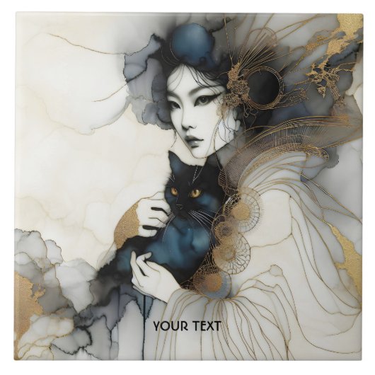 Fantasy Schattige Japans Meisje Cat Tegeltje (Voorkant)