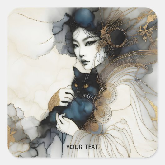 Fantasy Schattige Japans Meisje Cat Vierkante Sticker (Voorkant)