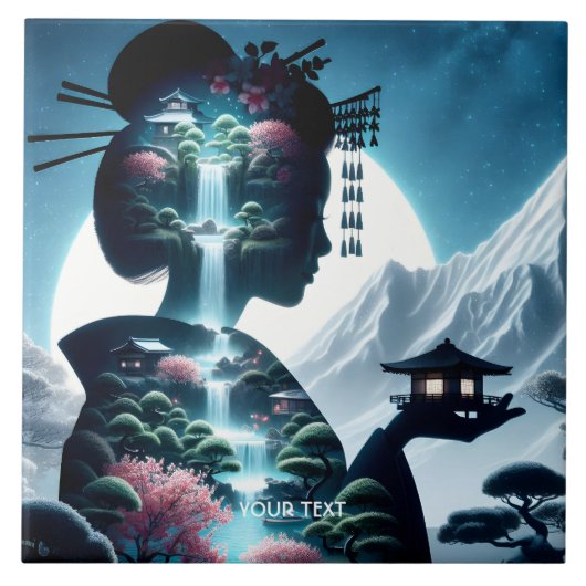 Fantasy Schattige Japans Meisjeslandschap Tegeltje (Voorkant)