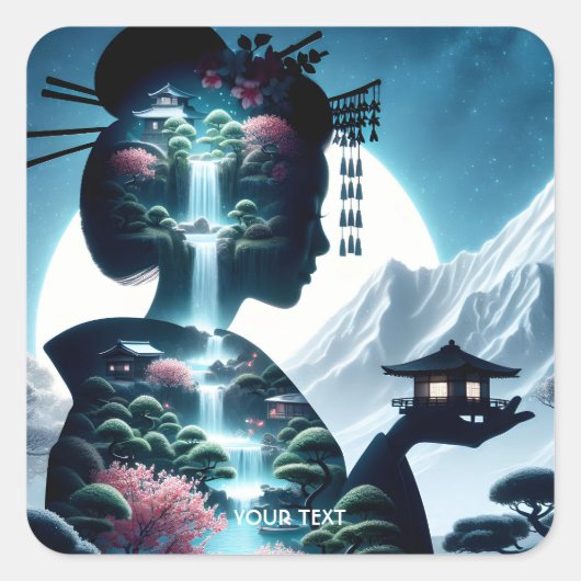 Fantasy Schattige Japans Meisjeslandschap Vierkante Sticker (Voorkant)
