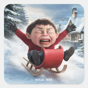 Fantasy Schattige Jongen Sledge Sneeuw Vierkante Sticker
