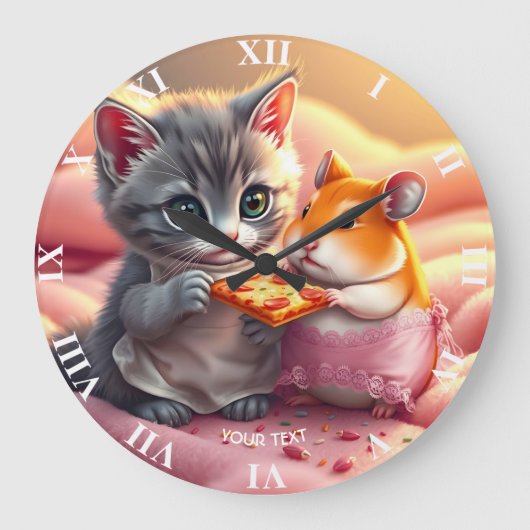 Fantasy Schattige Kitten Hamster Pizza Grote Klok (Voorkant)