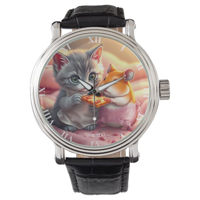 Fantasy Schattige Kitten Hamster Pizza Horloge (Voorkant)
