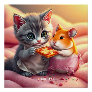 Fantasy Schattige Kitten Hamster Pizza Perfect Poster