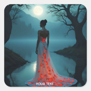 Fantasy Schattige Lake Trees Moon Vierkante Sticker