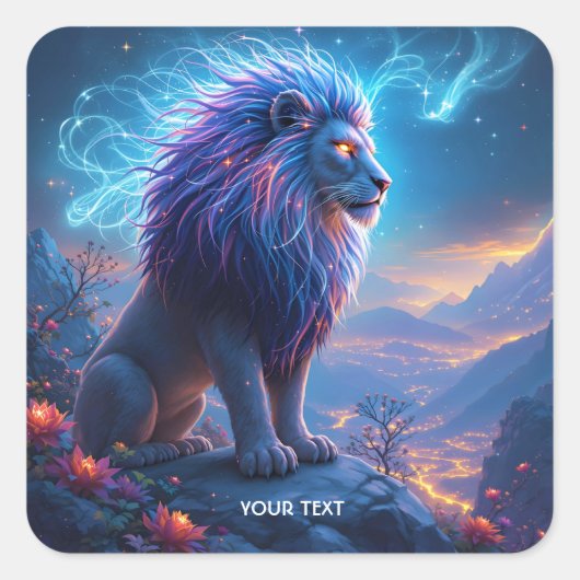 Fantasy Schattige Lion Night Flowers Vierkante Sticker (Voorkant)