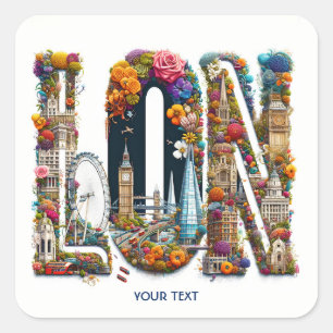 Fantasy Schattige Londen Building Flowers Vierkante Sticker