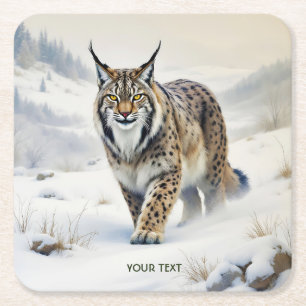 Fantasy Schattige Lynx Wintersneeuw Kartonnen Onderzetters