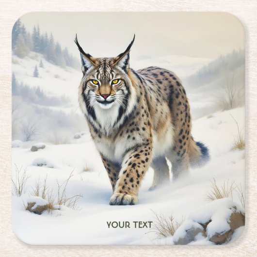 Fantasy Schattige Lynx Wintersneeuw Kartonnen Onderzetters (Voorkant)