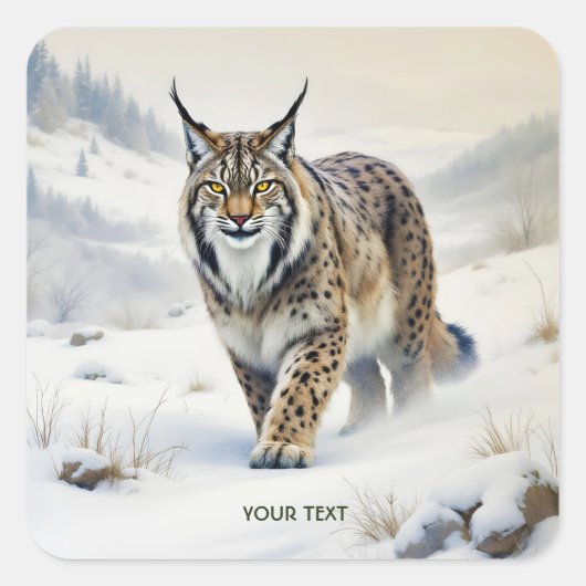 Fantasy Schattige Lynx Wintersneeuw Vierkante Sticker (Voorkant)