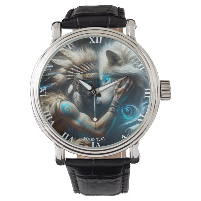 Fantasy Schattige Man Knuffelen Wolf Horloge (Voorkant)