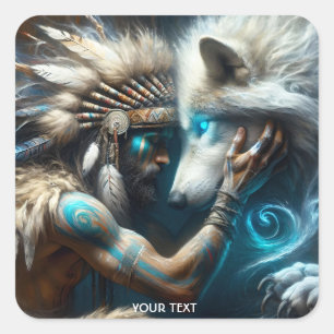 Fantasy Schattige Man Knuffelen Wolf Vierkante Sticker