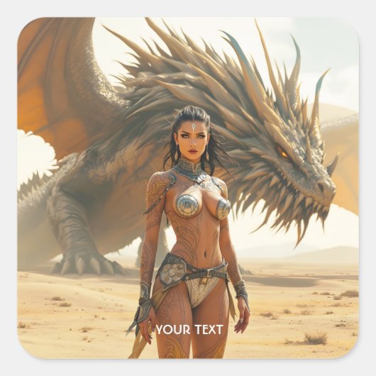Fantasy Schattige meisje Dragon Desert Vierkante Sticker (Voorkant)