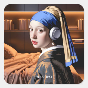 Fantasy Schattige Meisje Pearl Hoofdtelefoon Vierkante Sticker
