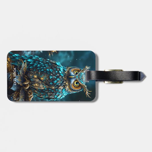 Fantasy Schattige Messing Turquoise Uil Bagagelabel (Achterkant horizontaal)