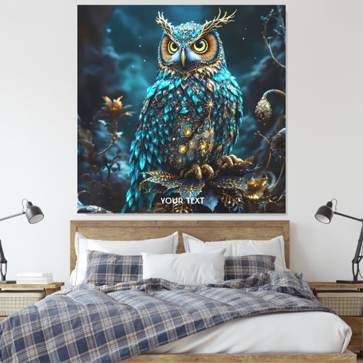 Fantasy Schattige Messing Turquoise Uil Canvas Afdruk (Insitu (Slaapkamer))