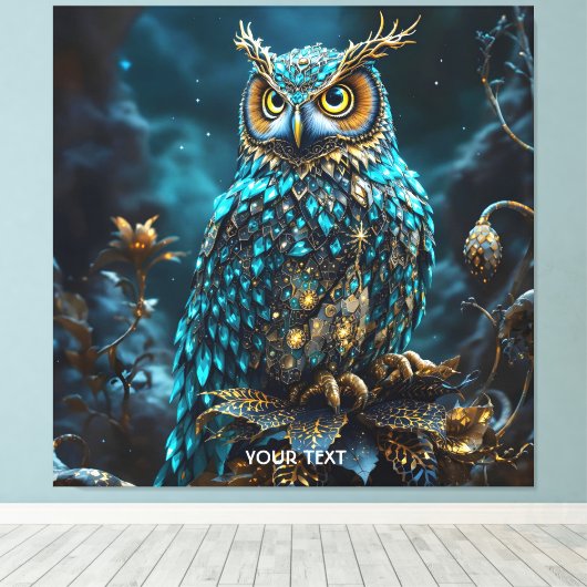 Fantasy Schattige Messing Turquoise Uil Canvas Afdruk (Insitu (Houten vloer))