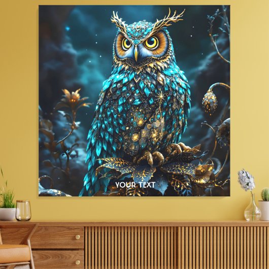 Fantasy Schattige Messing Turquoise Uil Canvas Afdruk (Insitu (Woonkamer))
