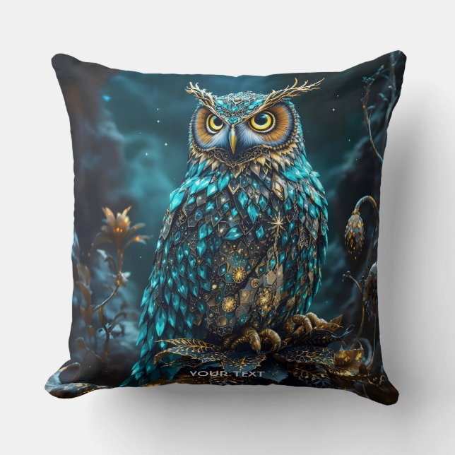 Fantasy Schattige Messing Turquoise Uil Kussen (Voorkant)