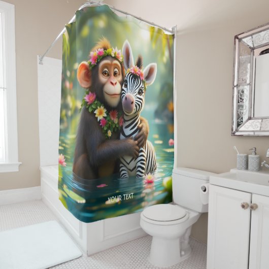 Fantasy Schattige Monkey Zebra Hug Douchegordijn (In situ)