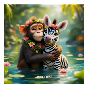 Fantasy Schattige Monkey Zebra Hug Perfect Poster