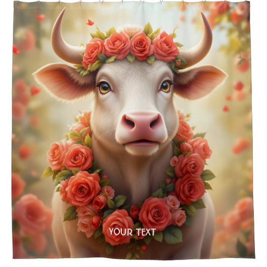 Fantasy Schattige Mooie Koe Rozen Douchegordijn (Voorkant)
