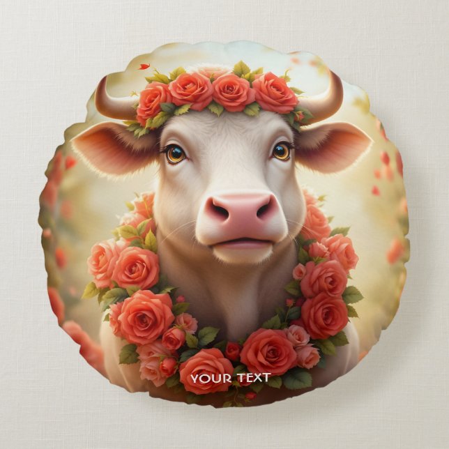 Fantasy Schattige Mooie Koe Rozen Rond Kussen (Voorkant)