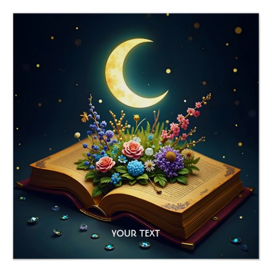Fantasy Schattige Moon Book Flowers Perfect Poster (Voorkant)