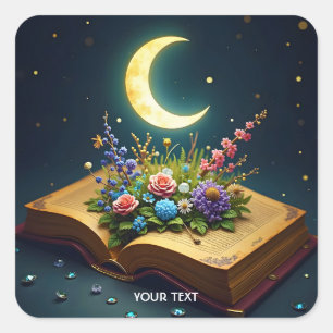 Fantasy Schattige Moon Book Flowers Vierkante Sticker